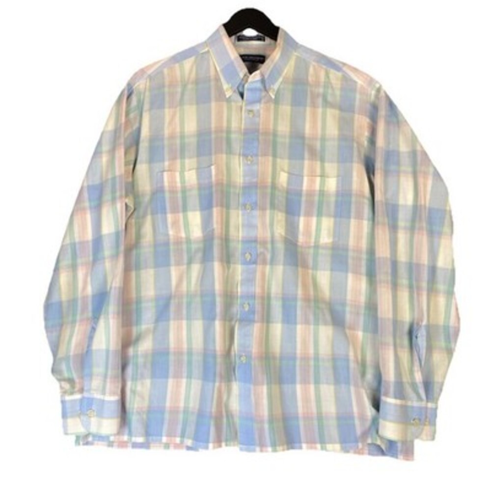 Vintage Van Heusen Mens Button‎ Up Shirt L Pastel Plaid Lightweight